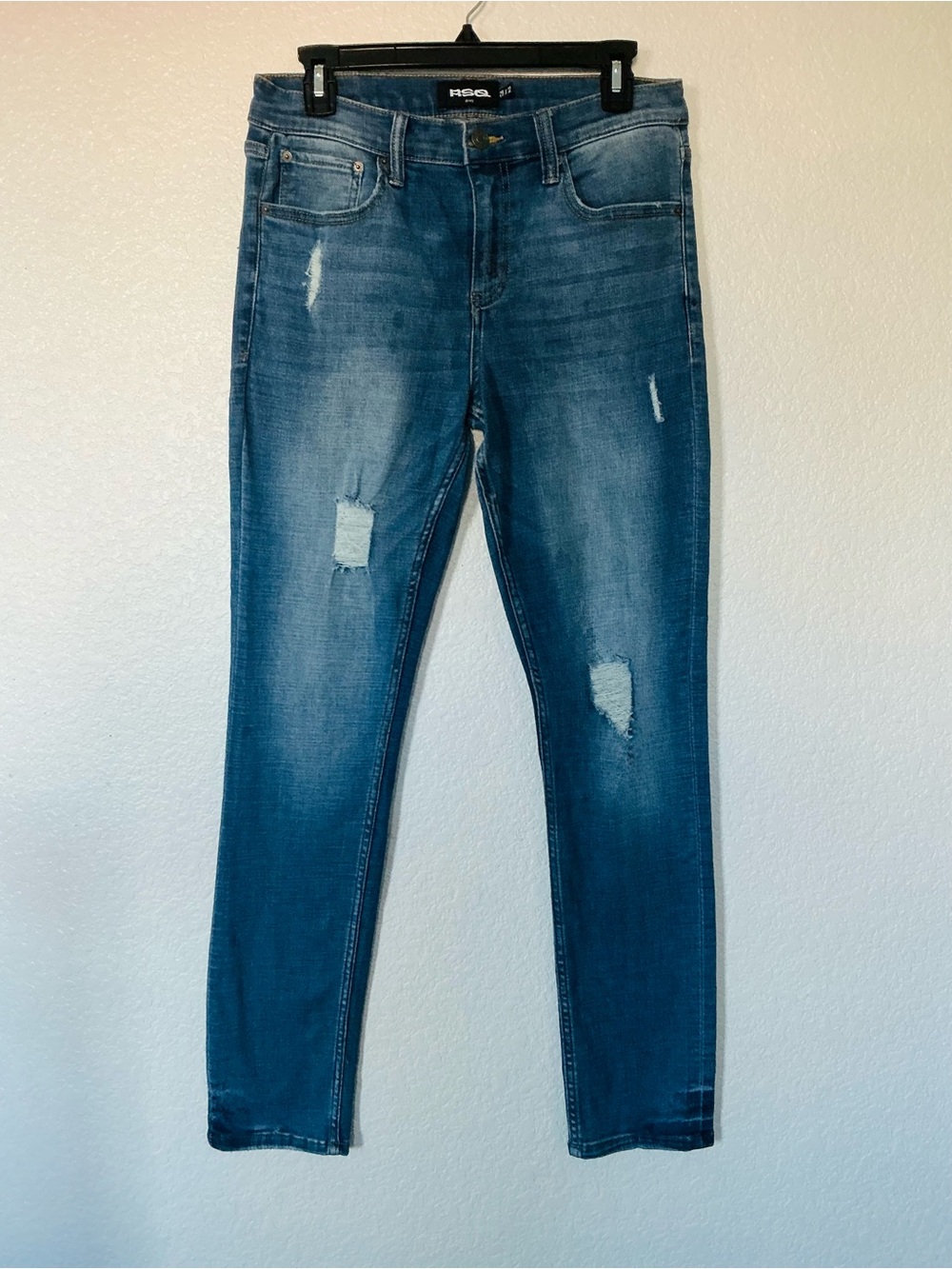 RSQ Men's Ripped Skinny Jeans in Distressed Mid Blue